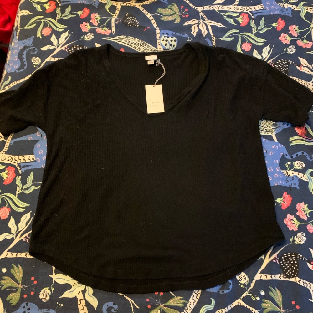 Black Short Sleeve Ultra Soft Ribbed V Neck T